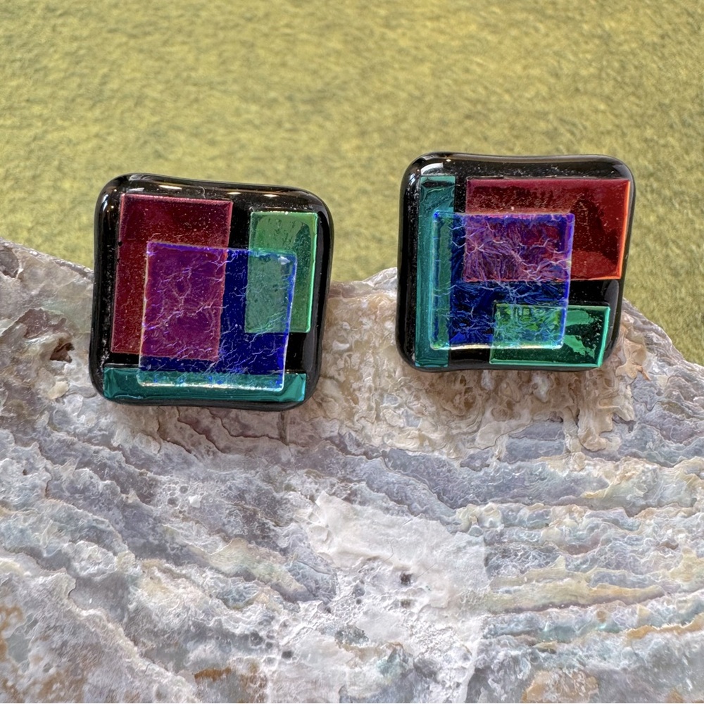 Colorful Geometric Fused Dichroic Glass Earrings